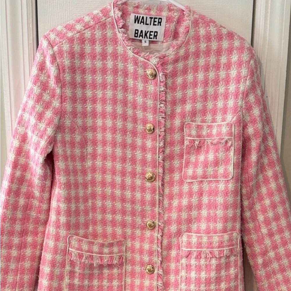 Walter Baker ADORABLE Pink White Longline Blazer Gold Buttons Big Pockets szS